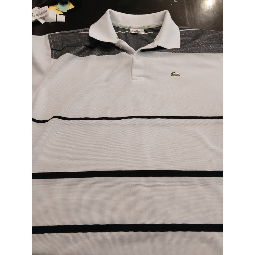 Lacoste Men's Short Sleeve Polo Shirt White Gray Stripe Crocodile Logo Size 7